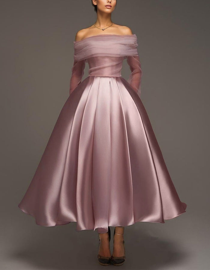 A-line Satin Removable Mesh Shawl Midi Dress