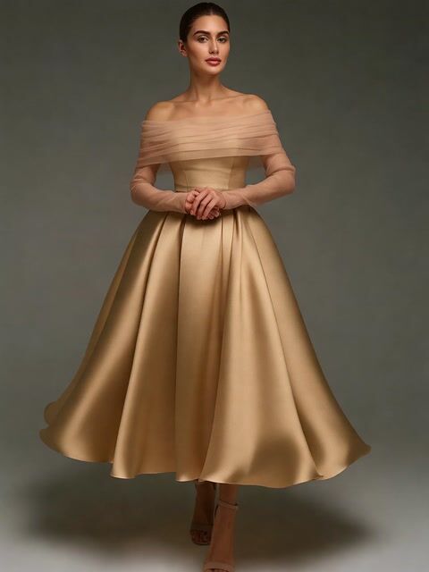 A-line Satin Removable Mesh Shawl Midi Dress