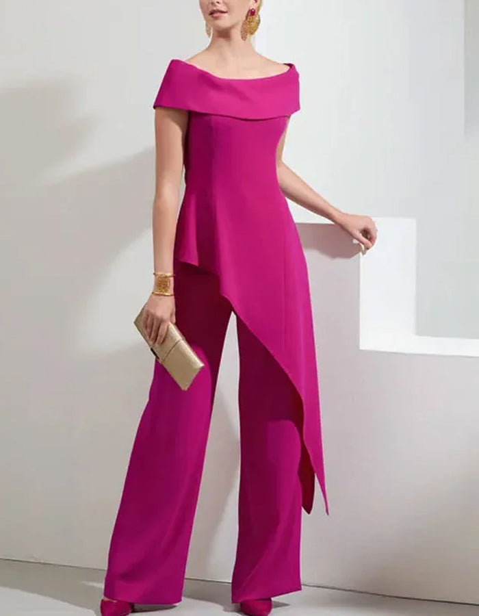Elegant Crepe Jumpsuit with Asymmetric Draped Overlay and Off-Shoulder Neckline