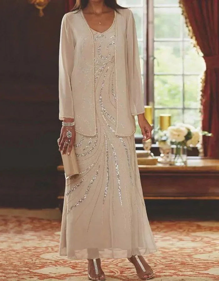 Sophisticated Lace Gown with Illusion Sleeves and Sequin Embellishments