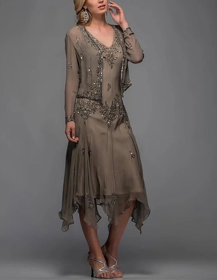 Traje de vestido midi con tirantes de malla y lentejuelas