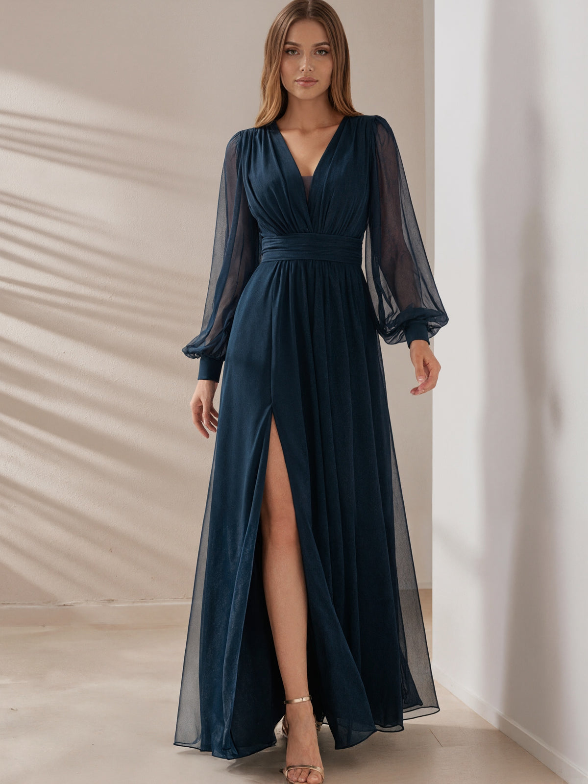 Dark Blue Long Sleeved Chiffon Maxi Dress