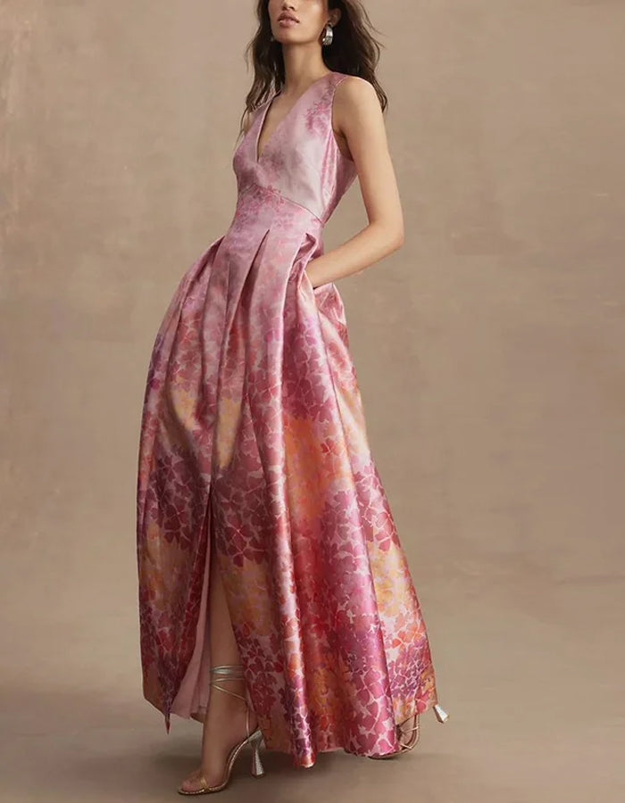 Romantic Pink Jacquard Gown with Gradient Floral Motif and Deep V-Neck