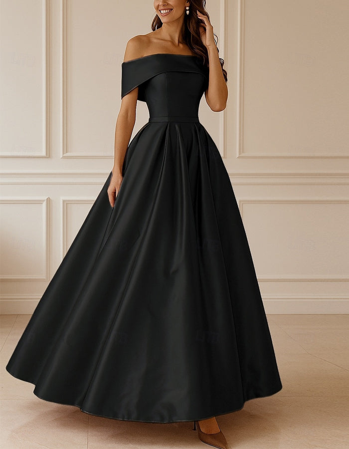 A-line Elegant Floor-length Off-the-shoulder Short-sleeved Satin Maxi Dress
