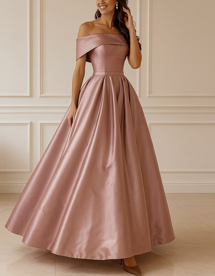 A-line Elegant Floor-length Off-the-shoulder Short-sleeved Satin Maxi Dress