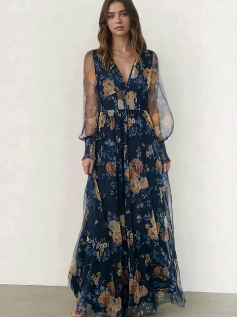 Elegant Navy Blue Chiffon Gown with Sheer Sleeves and Vintage Floral Print