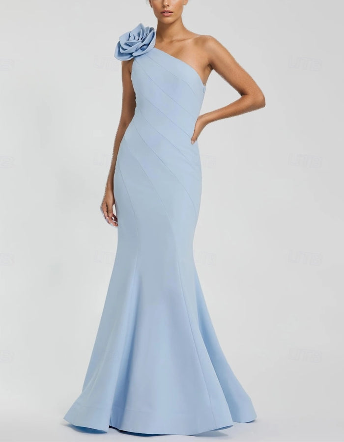 One Shoulder Stretch Crepe Ruffle Maxi Dress