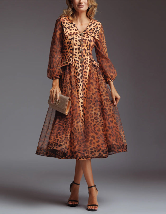 Vestido Midi con Solapas y Estampado de Leopardo Marrón