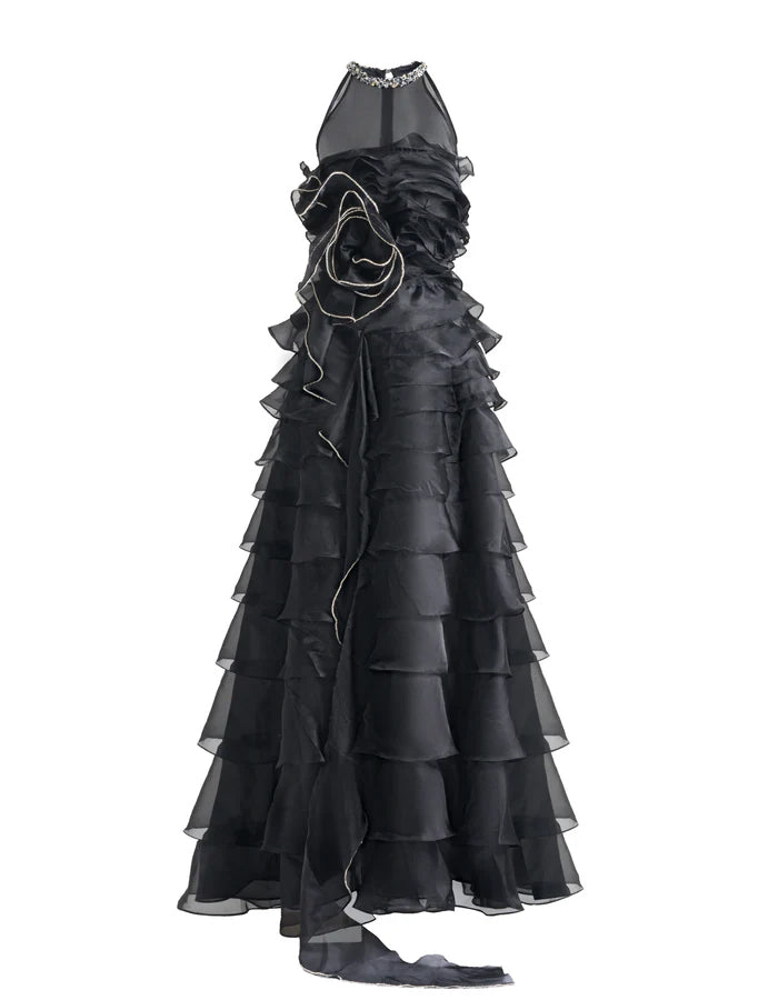 Black Silk A-line Ruffled Layered Organza Maxi Dress