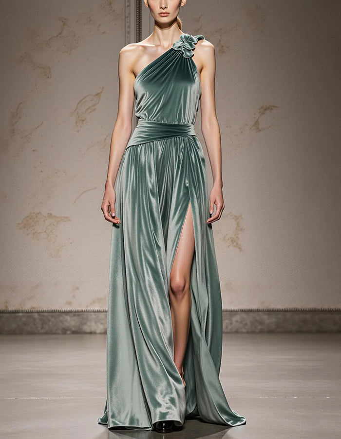 Mint Green Velvet One Shoulder Slit Maxi Dress