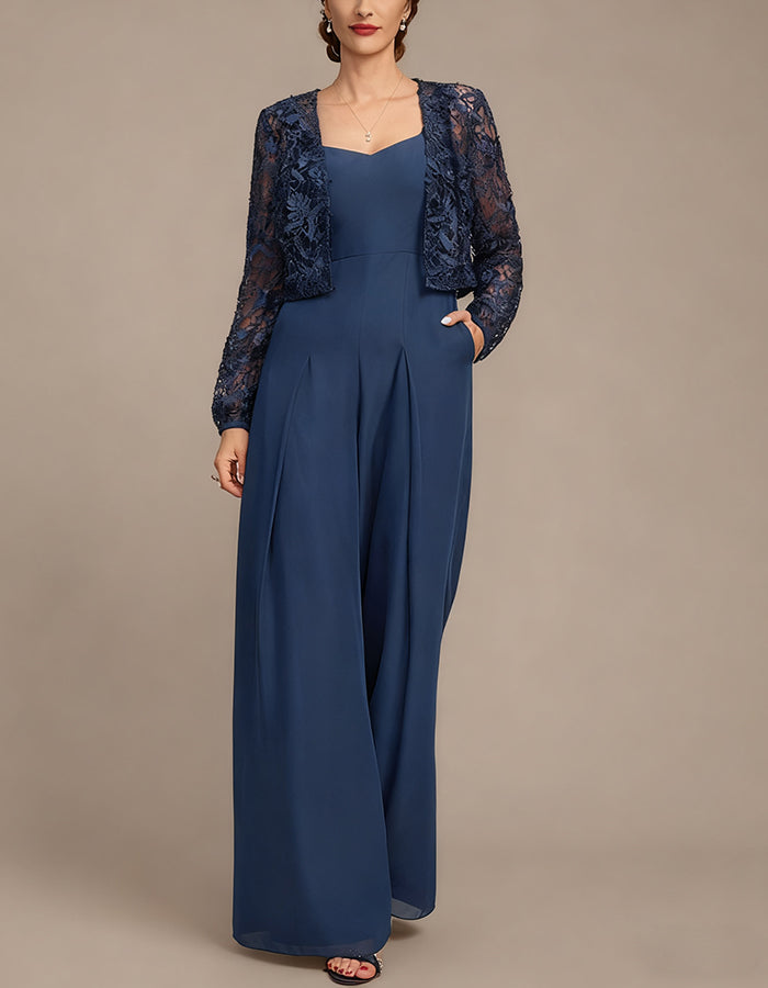 Dark Blue Floor-length Chiffon Jumpsuit With Lace Outerwear
