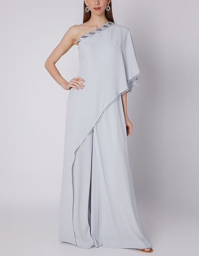 Light Blue One Shoulder Chiffon Jumpsuit