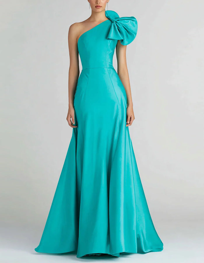 Satin One Shoulder Bow Maxi Dress