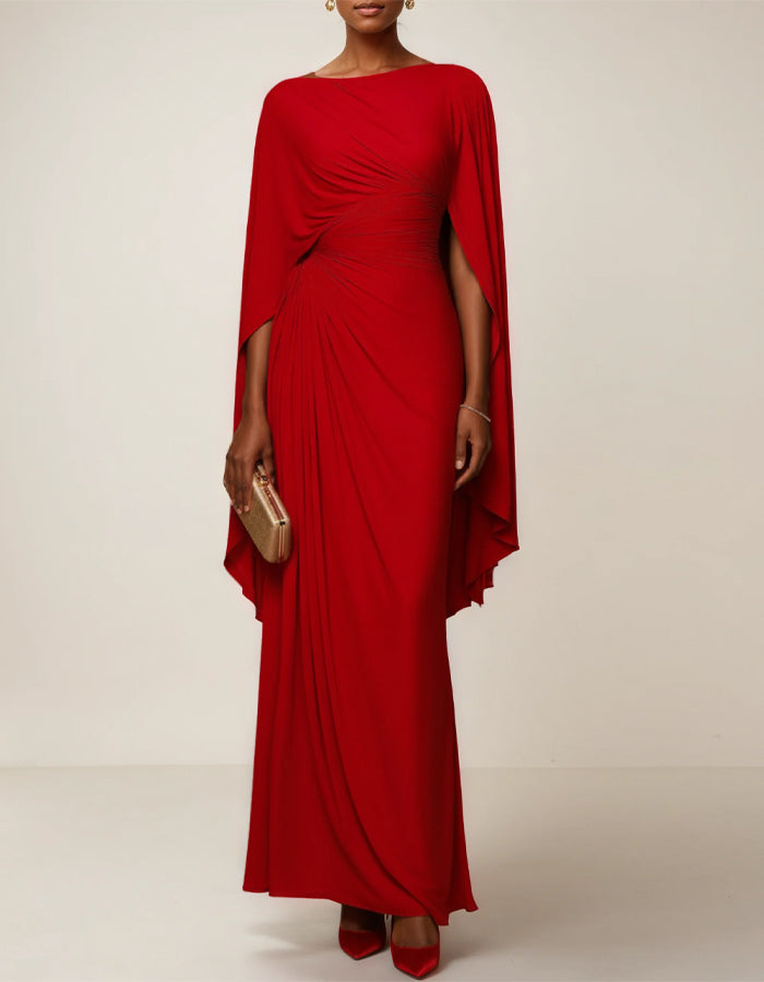 Red Asymmetrical Pleated Long Sleeved Slim Fit Midi Dress