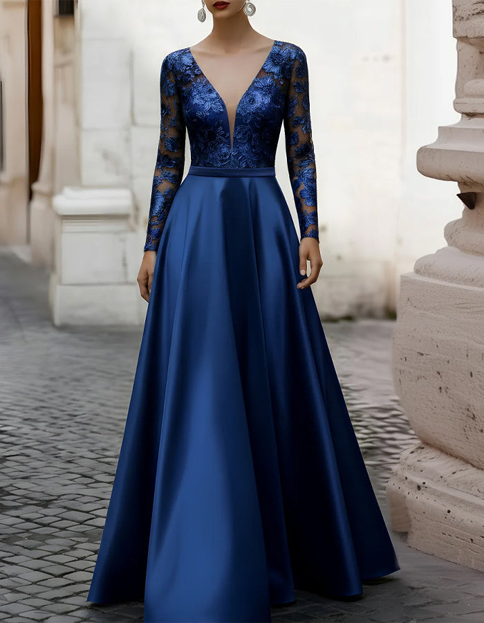 Blue V-neck Lace Long Sleeved Satin Maxi Dress