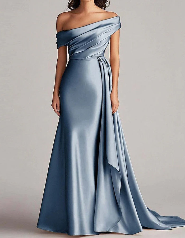 Solid Color Satin Off Shoulder Maxi Dress