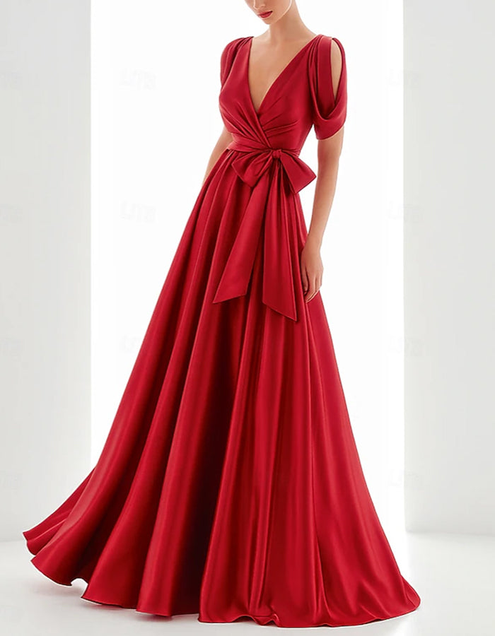 Solid Color V-neck Short Sleeved Satin Maxi Dress