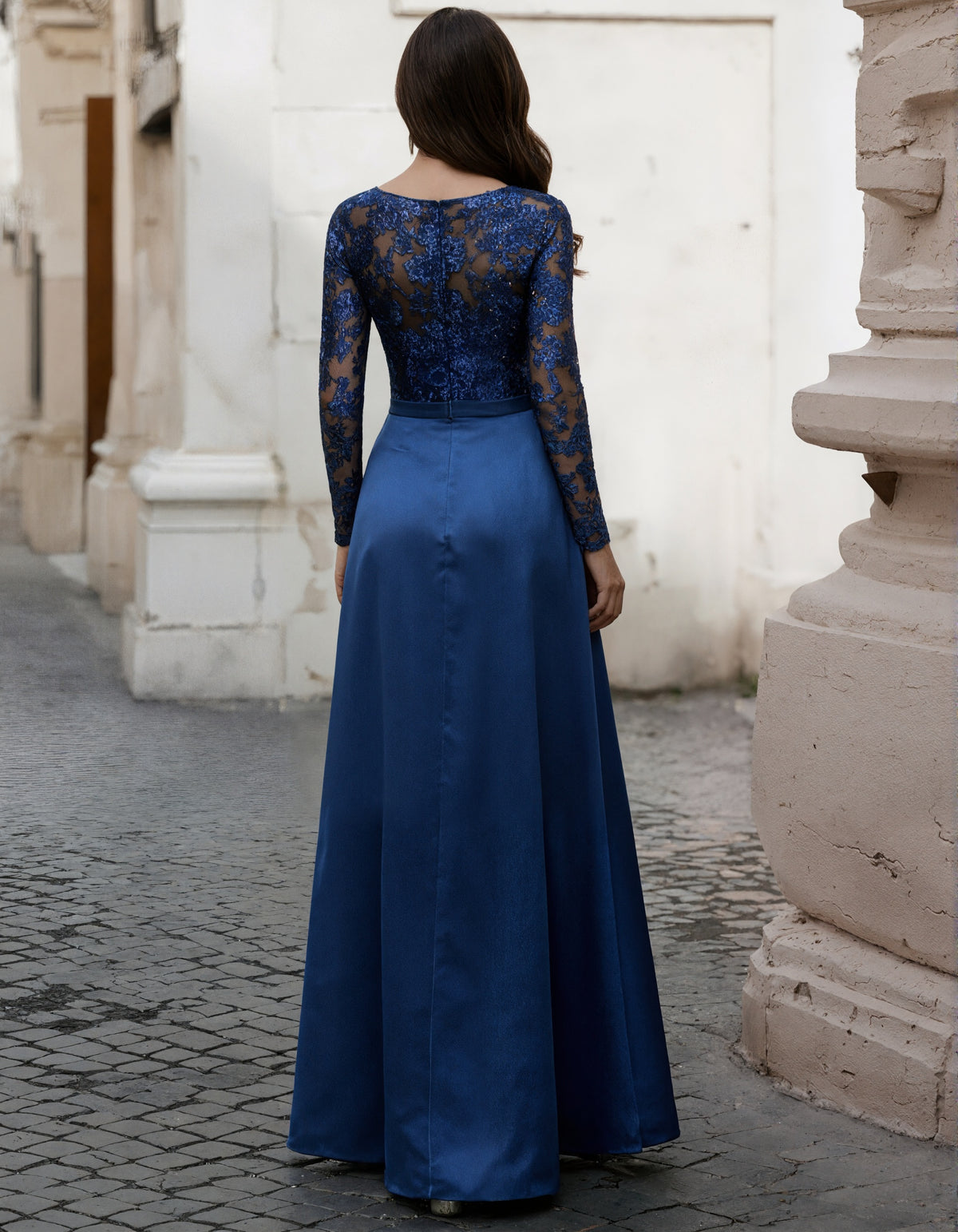 Blue V-neck Lace Long Sleeved Satin Maxi Dress
