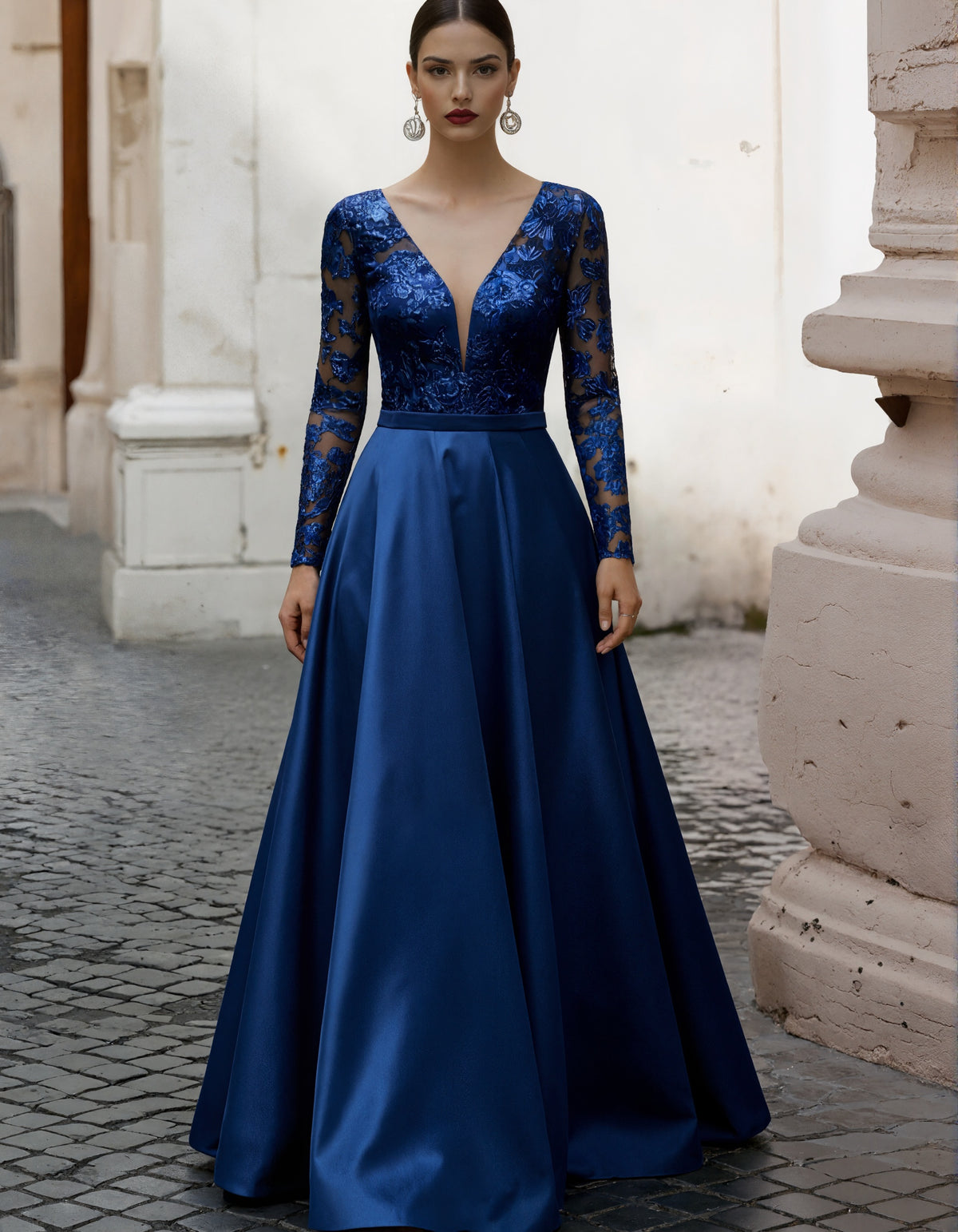 Blue V-neck Lace Long Sleeved Satin Maxi Dress