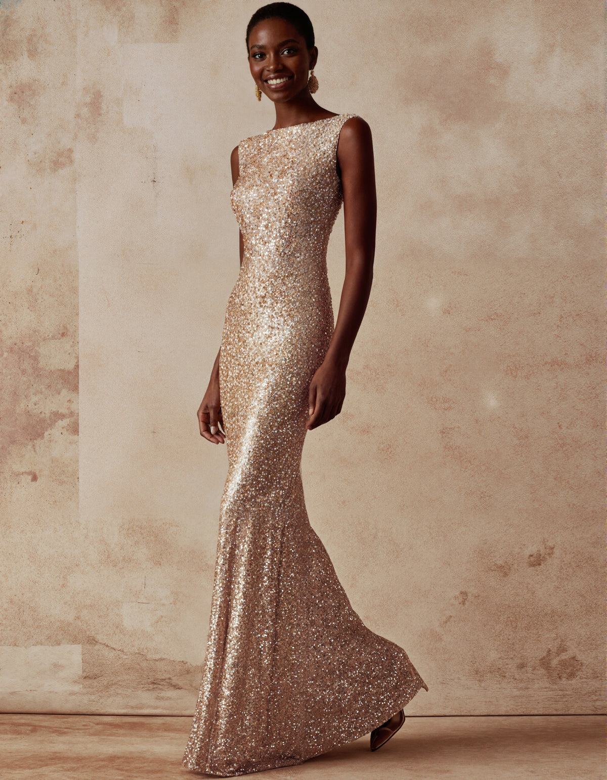 Gold Sequined Sleeveless Maxi Dress