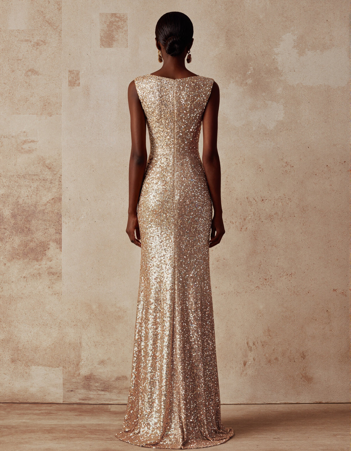 Gold Sequined Sleeveless Maxi Dress