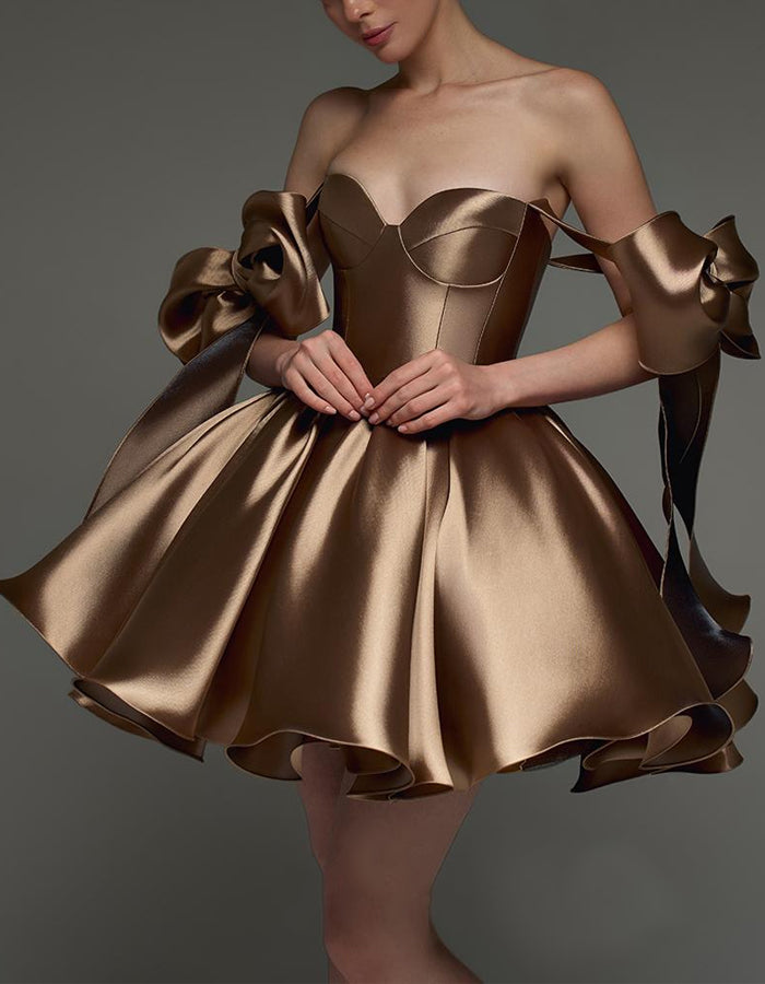 Brown Satin Straps Mini Dress