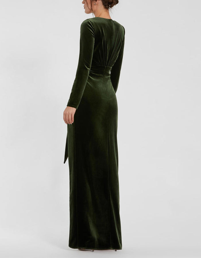 Green Long Sleeved Velvet Maxi Dress