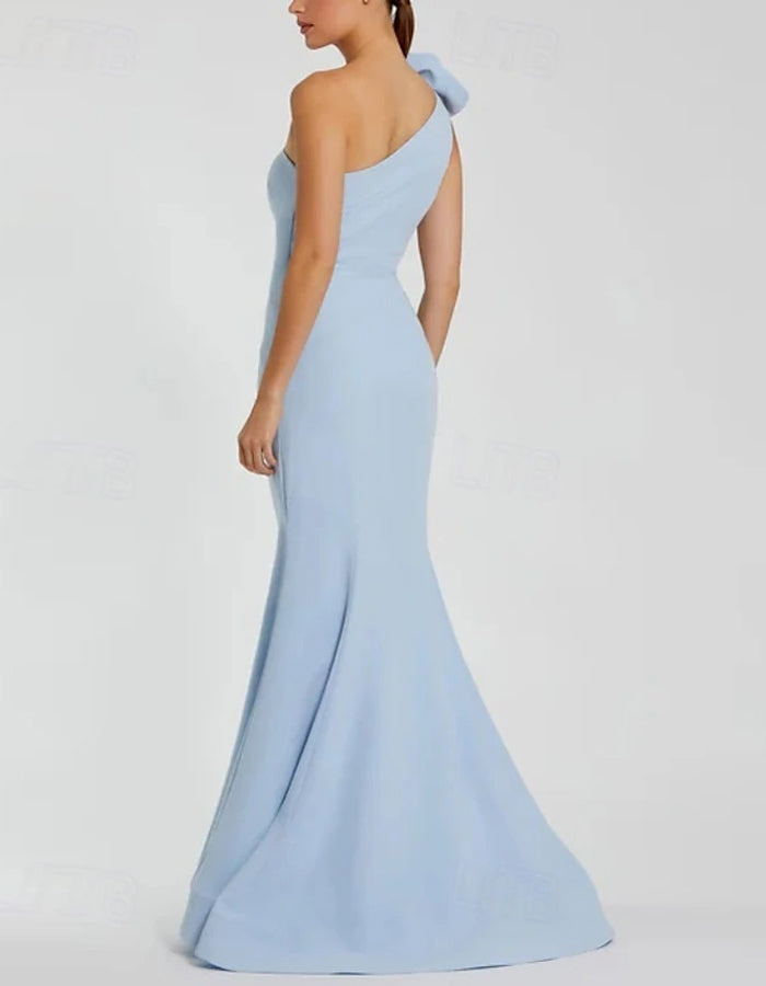 One Shoulder Stretch Crepe Ruffle Maxi Dress