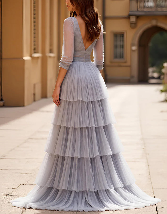 Robe longue de bal trapèze grise à demi-manches fendue