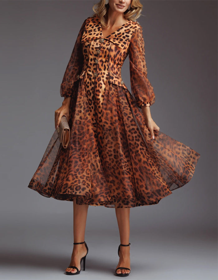 Brown Leopard Print Lapel Midi Dress