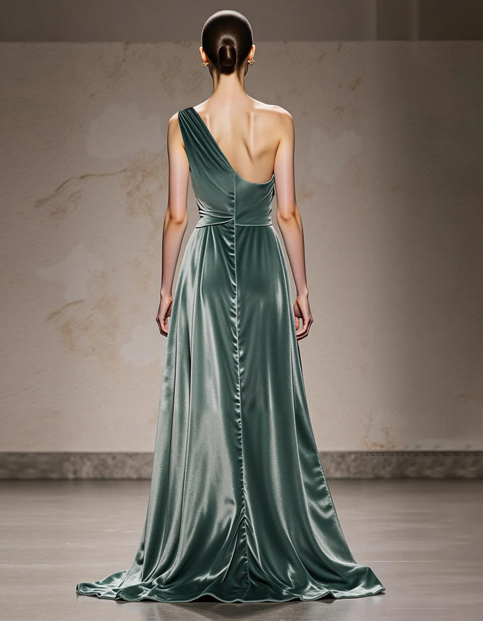 Robe longue fendue asymétrique en velours vert menthe