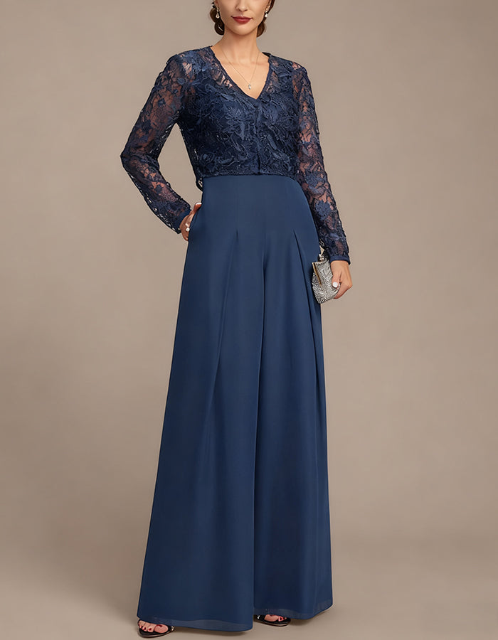 Dark Blue Floor-length Chiffon Jumpsuit With Lace Outerwear