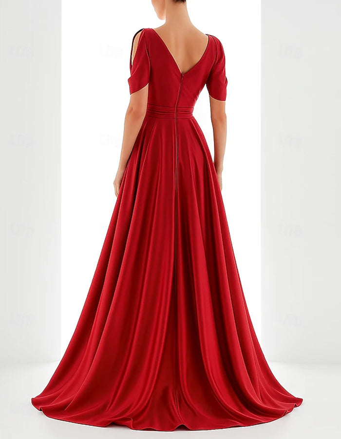 Solid Color V-neck Short Sleeved Satin Maxi Dress