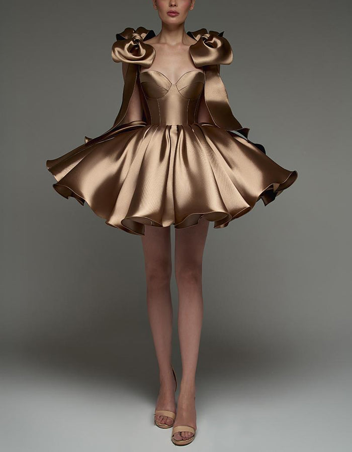 Brown Satin Straps Mini Dress