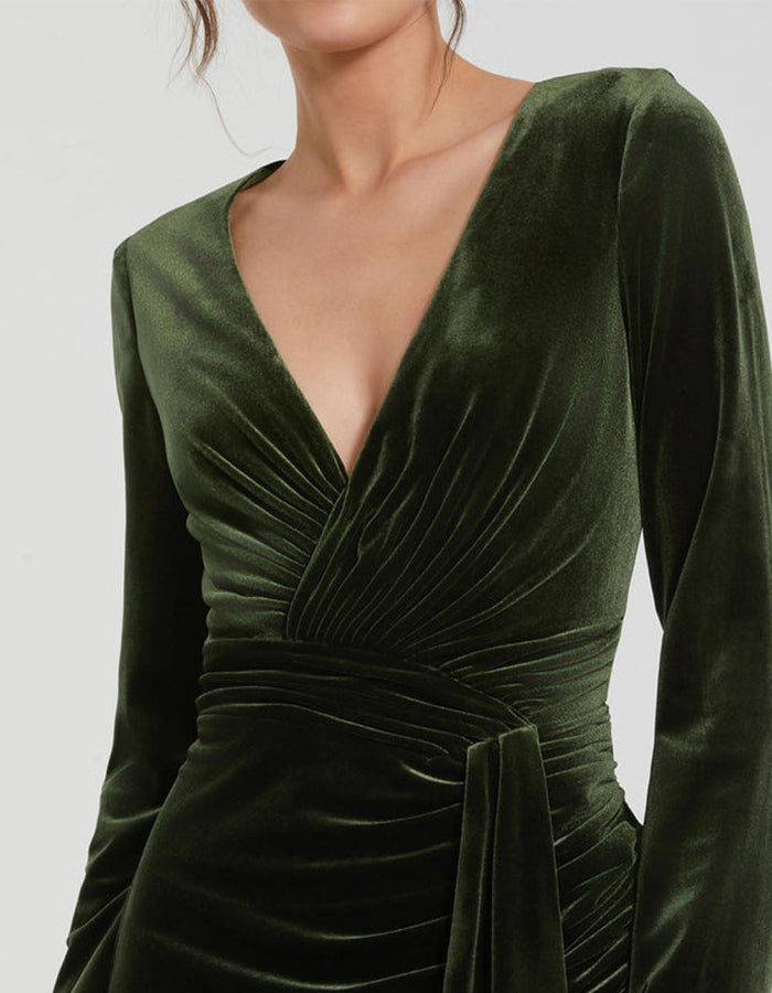 Green Long Sleeved Velvet Maxi Dress