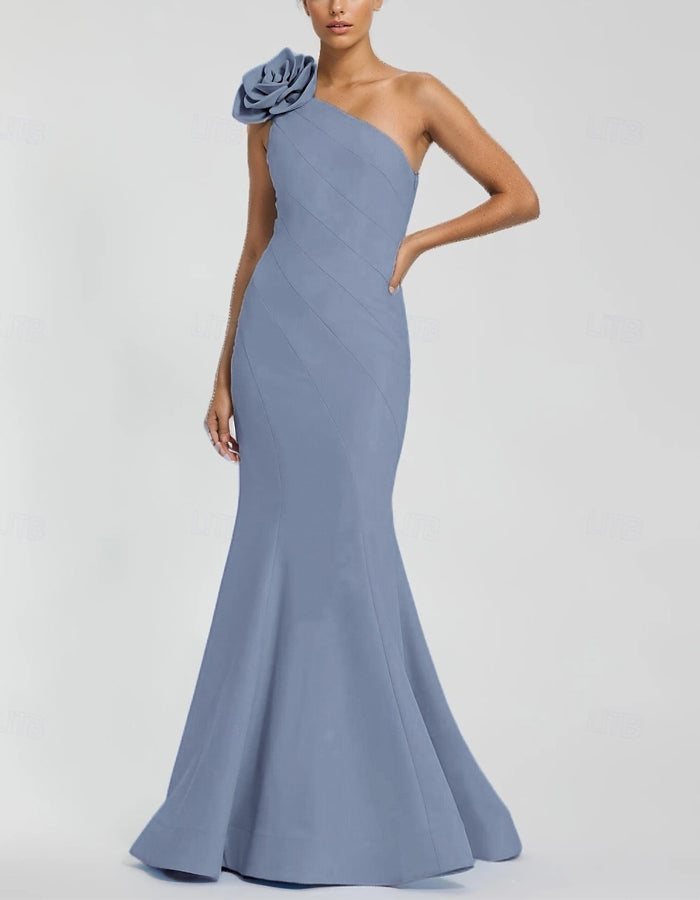 One Shoulder Stretch Crepe Ruffle Maxi Dress