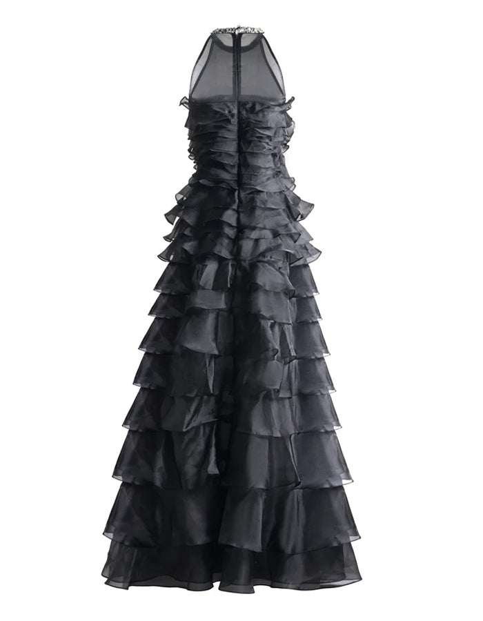 Black Silk A-line Ruffled Layered Organza Maxi Dress