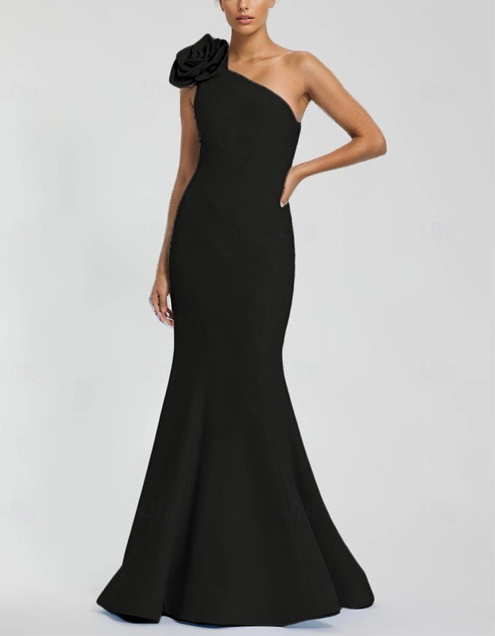 One Shoulder Stretch Crepe Ruffle Maxi Dress