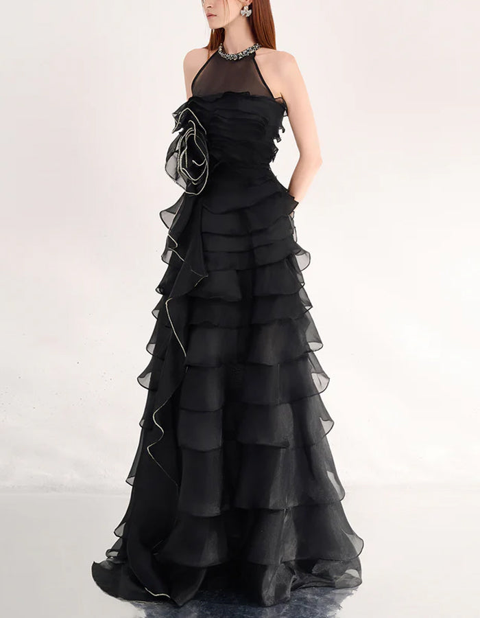 Black Silk A-line Ruffled Layered Organza Maxi Dress