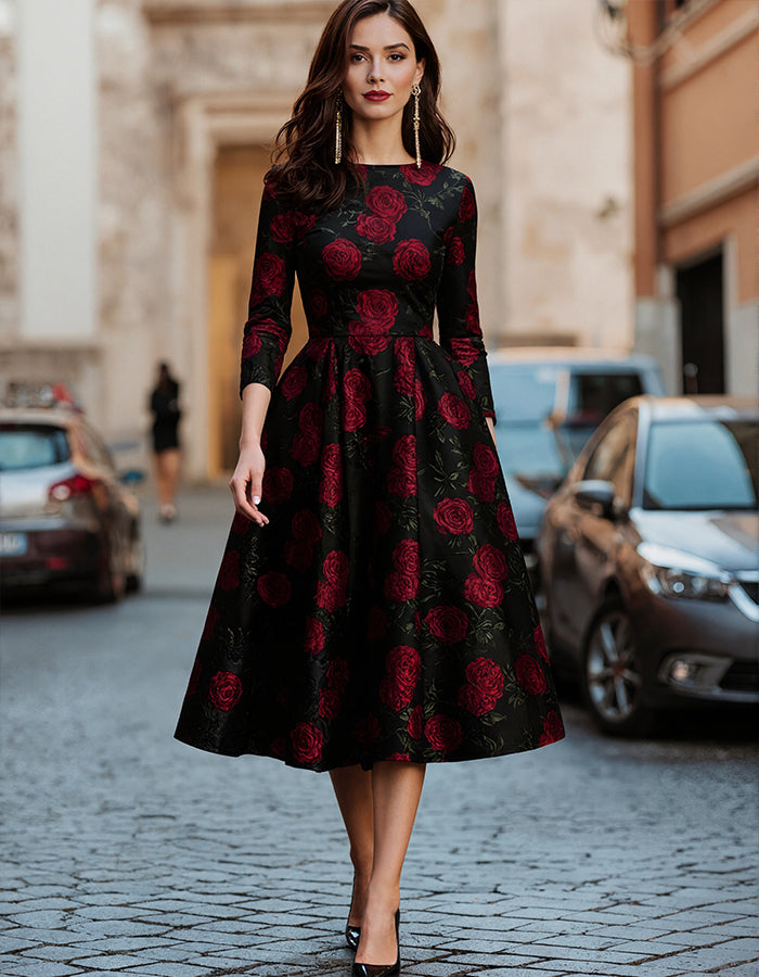 Black Rose Print Midi Dress