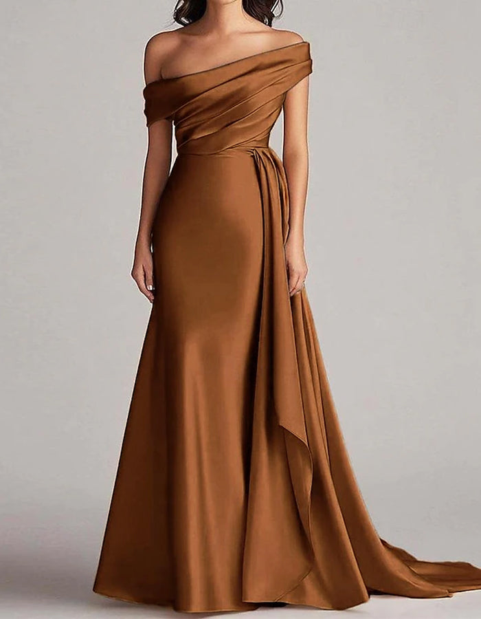 Solid Color Satin Off Shoulder Maxi Dress