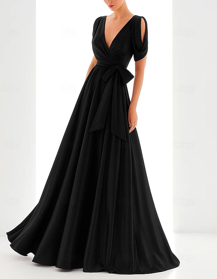 Solid Color V-neck Short Sleeved Satin Maxi Dress