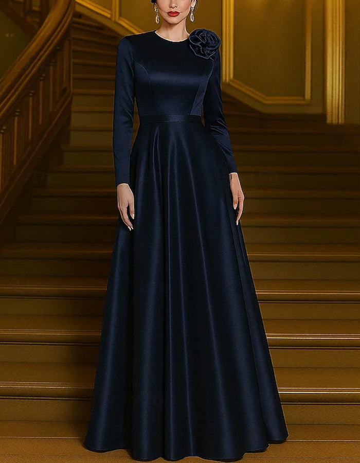 Solid Color Round Neck Satin 3d Flowers Maxi Dress