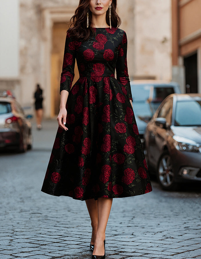 Black Rose Print Midi Dress