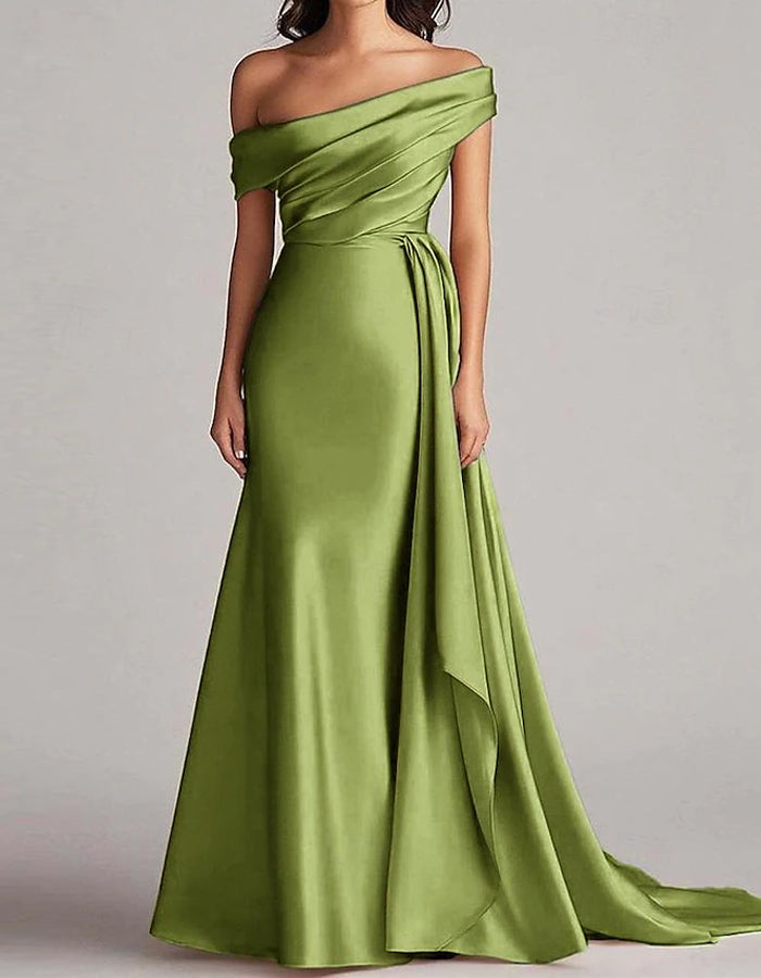 Solid Color Satin Off Shoulder Maxi Dress