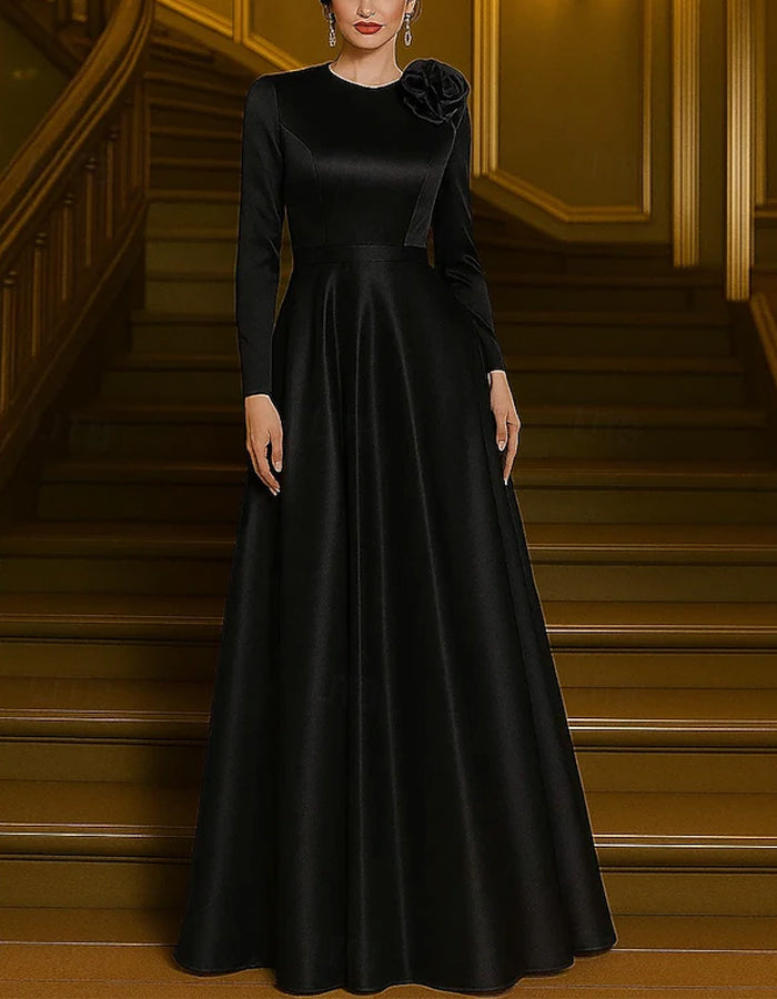 Solid Color Round Neck Satin 3d Flowers Maxi Dress