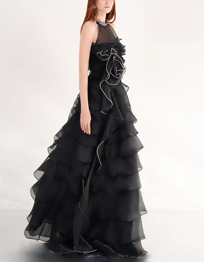 Black Silk A-line Ruffled Layered Organza Maxi Dress