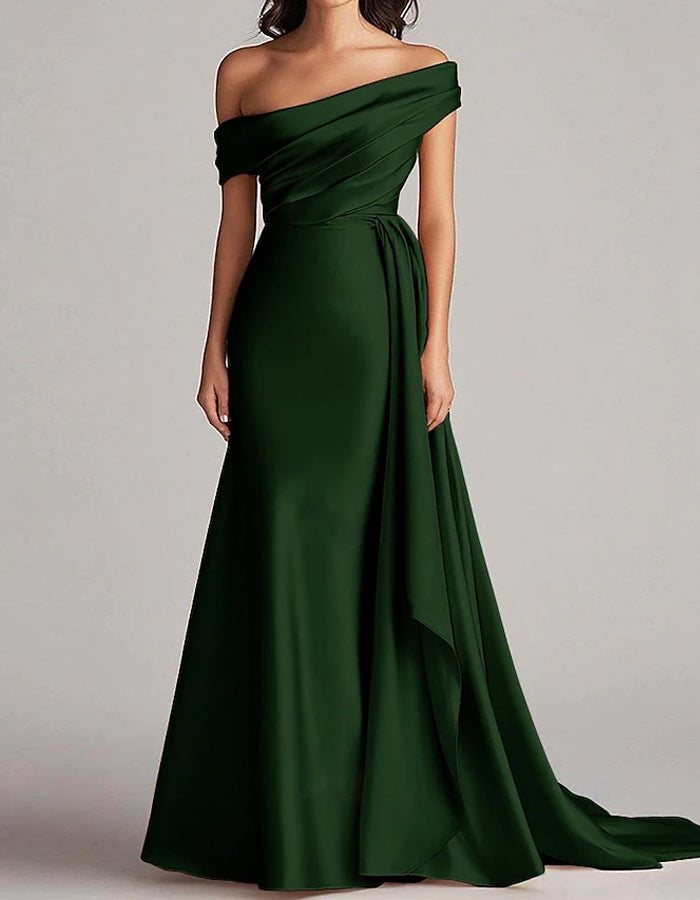 Solid Color Satin Off Shoulder Maxi Dress