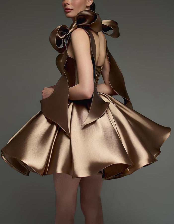 Brown Satin Straps Mini Dress