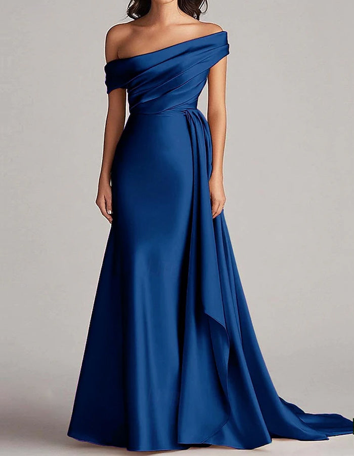 Solid Color Satin Off Shoulder Maxi Dress